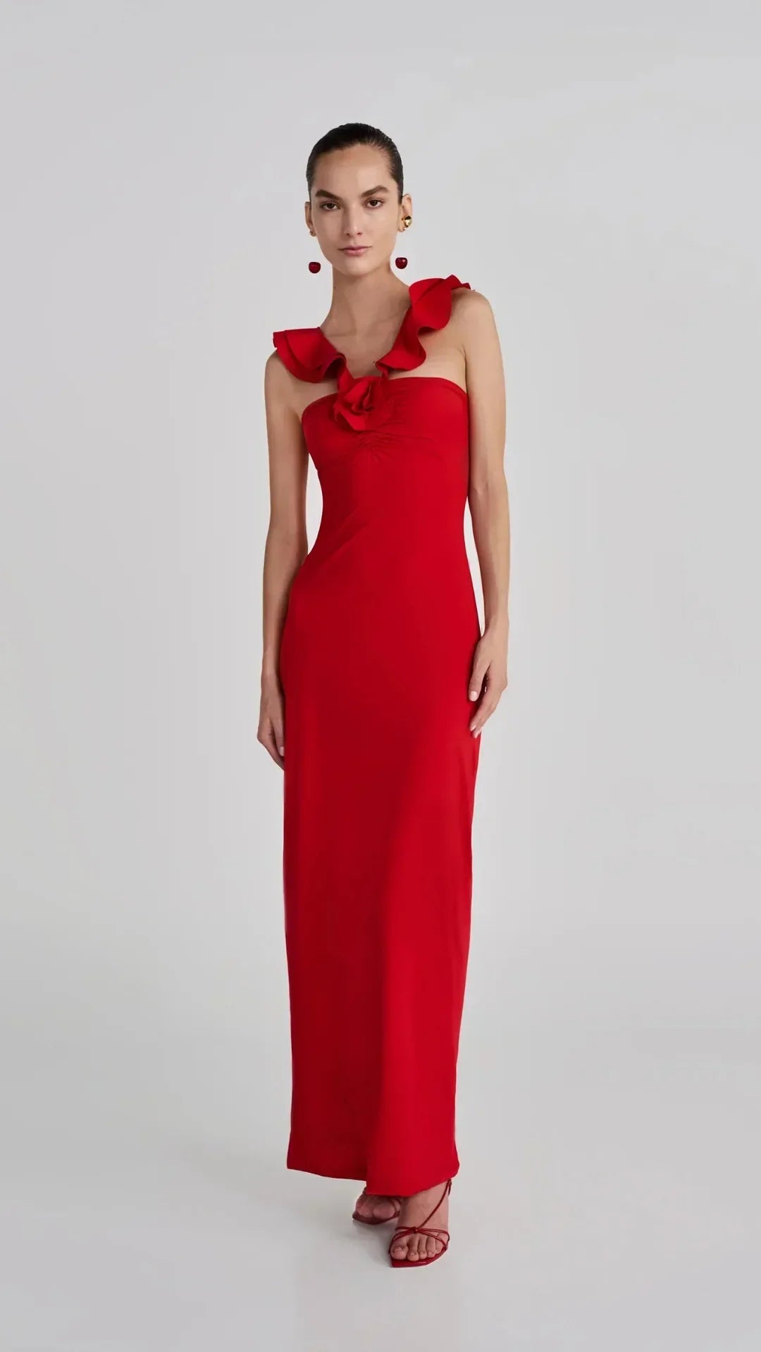 Red Flower Ruffles Strap Maxi Dress
