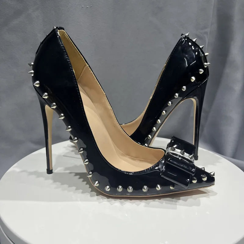 Black Spikes Bow Pointy Toe High Heel Shoes
