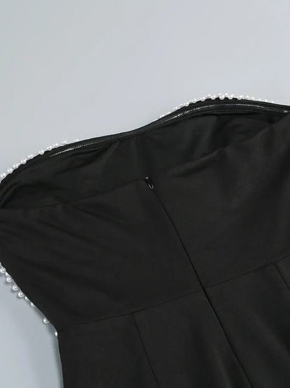Black Strapless Pearls Beaded Embellished Maxi Dress