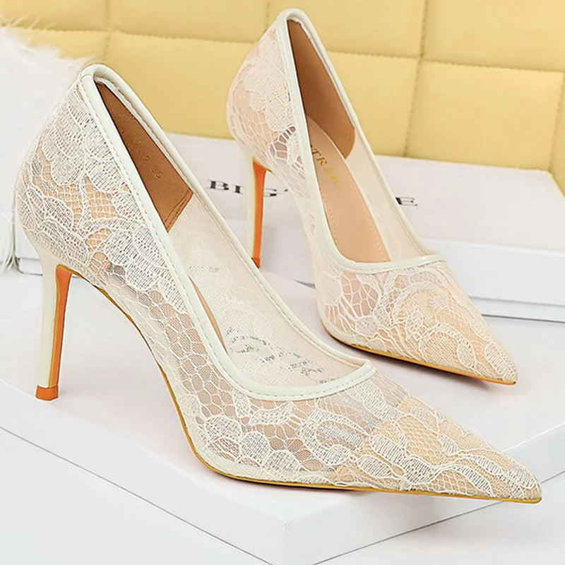Red Lace Women Pumps with Mesh Hollow High Heels for Sexy Party Style