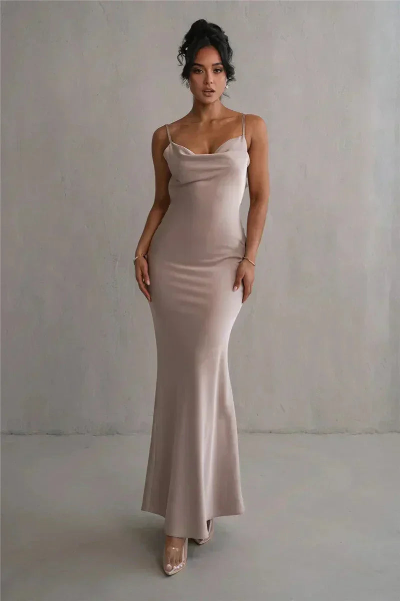 Open Back Cowl Drape Spaghetti Strap Floral Applique Maxi Gown