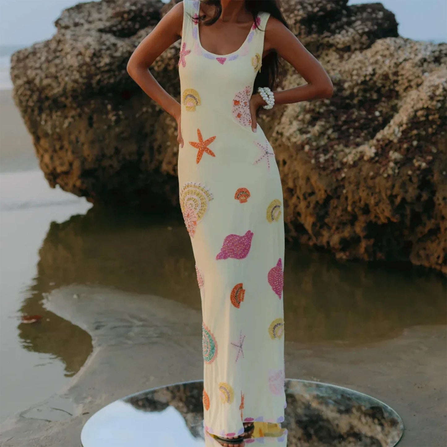 Starfish Print U-Neck Tank Midi Dress
