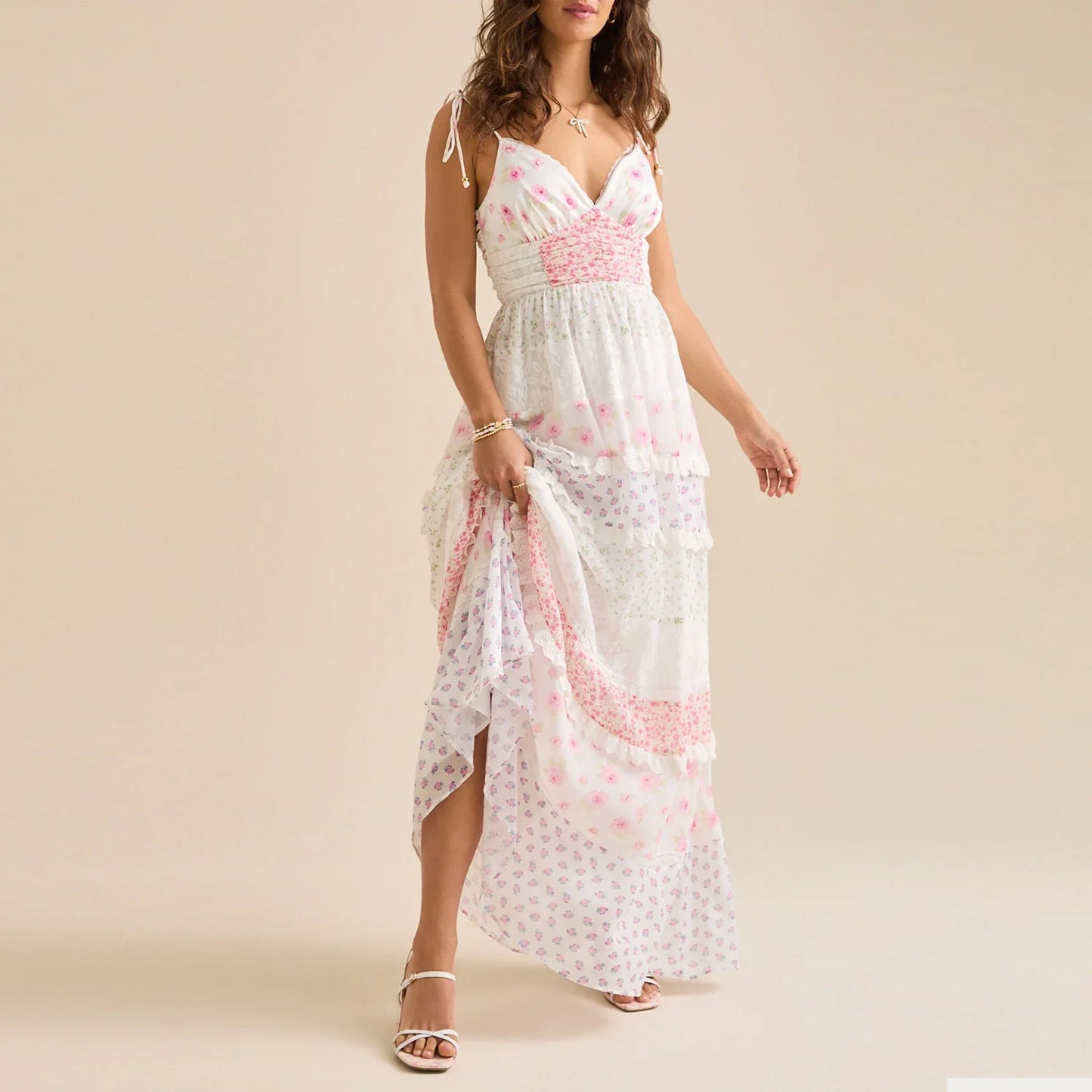 Contrast Lace Ruffle Layered Vacation Dress