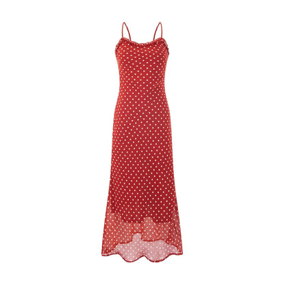 Polka Dot Spaghetti Strap Scoop Neck Ruffle Trim Midi Dress
