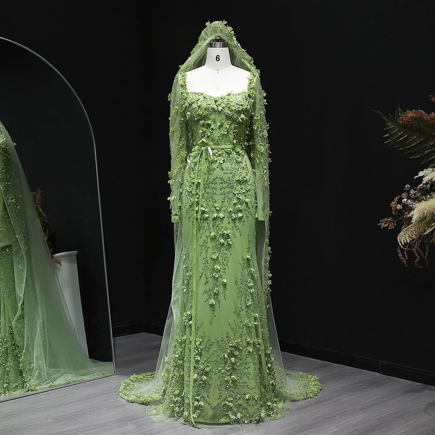 3D Floral Mermaid Evening Dress with Long Sheer Sleeves