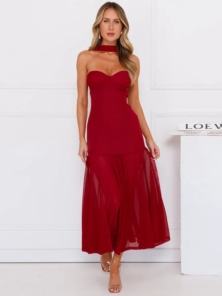 Slit Mesh Ribbon Strapless Maxi Dress