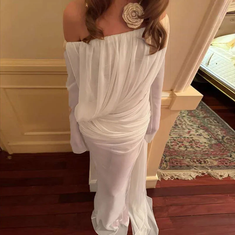 One Shoulder See Through Mesh Maxi Prom Dress