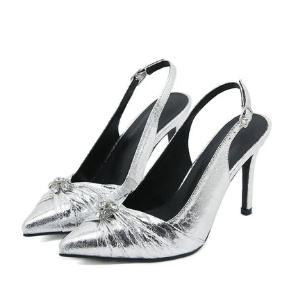 Spring Silver High Heel Pumps with Pleated Pointed Toe