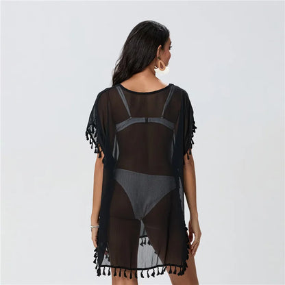 Lace Trim Tassel Fringe Sheer Scoop Neck Handkerchief Hem Beach Cover Up Dress