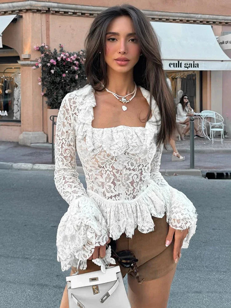 Splice Lace Square Collar See-through Top For Women Fashion Slim Sexy Flare Long Sleeve White T-Shirt Female Pullover New