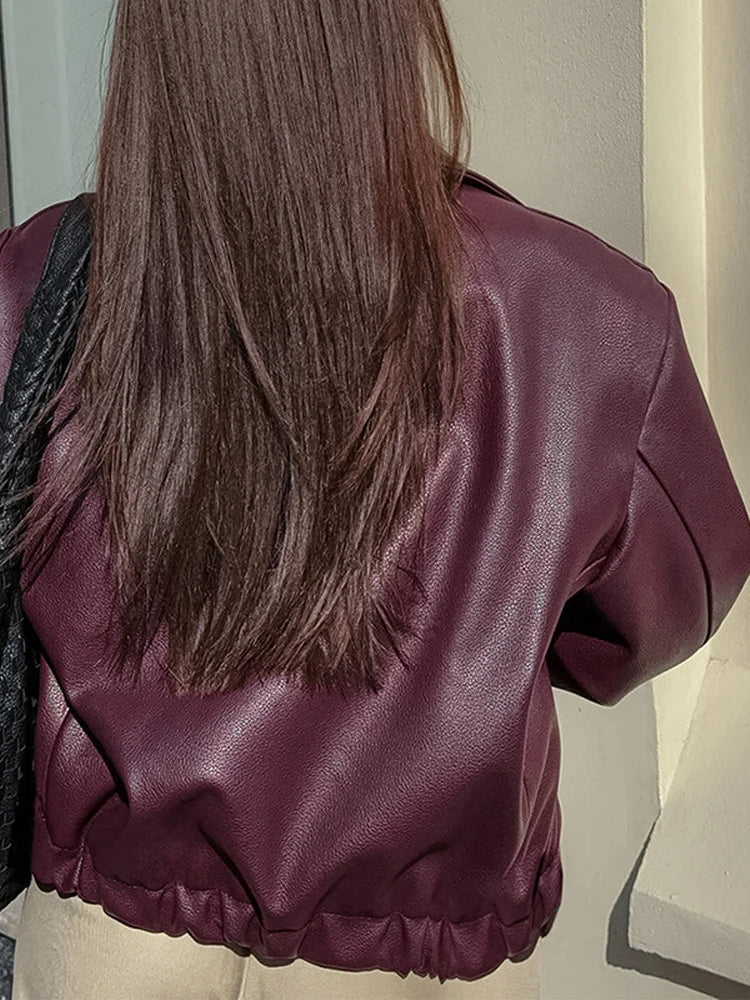 Wine PU Vintage Pocket Coat