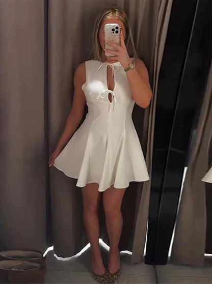 Hollow Out Bow Sleeveless Pleated Short Dress