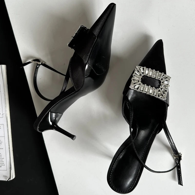 Silk Square Button Thin Heels Women Pumps