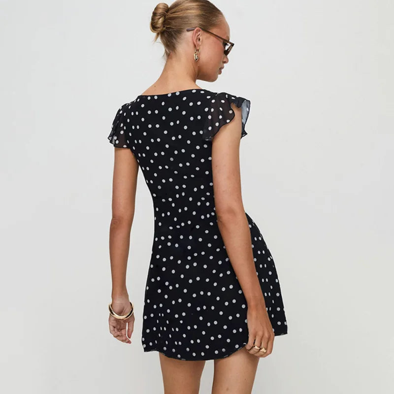 Polka Dot V Neck Slim A Line Mini Dress