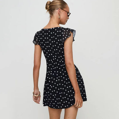 Polka Dot V Neck Slim A Line Mini Dress
