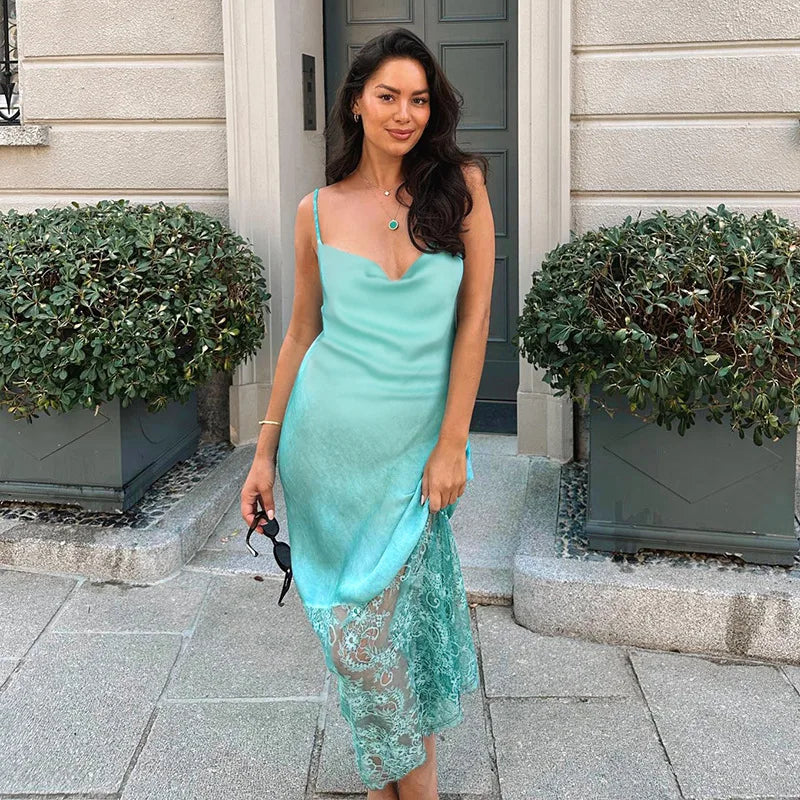 Lace Slash Backless Strap Midi Dress