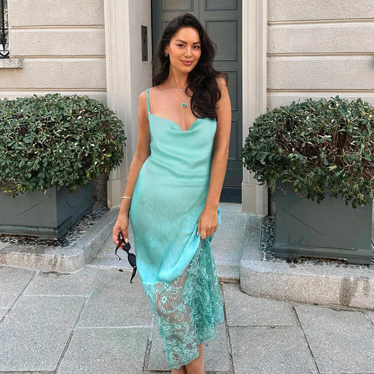 Lace Slash Backless Strap Midi Dress
