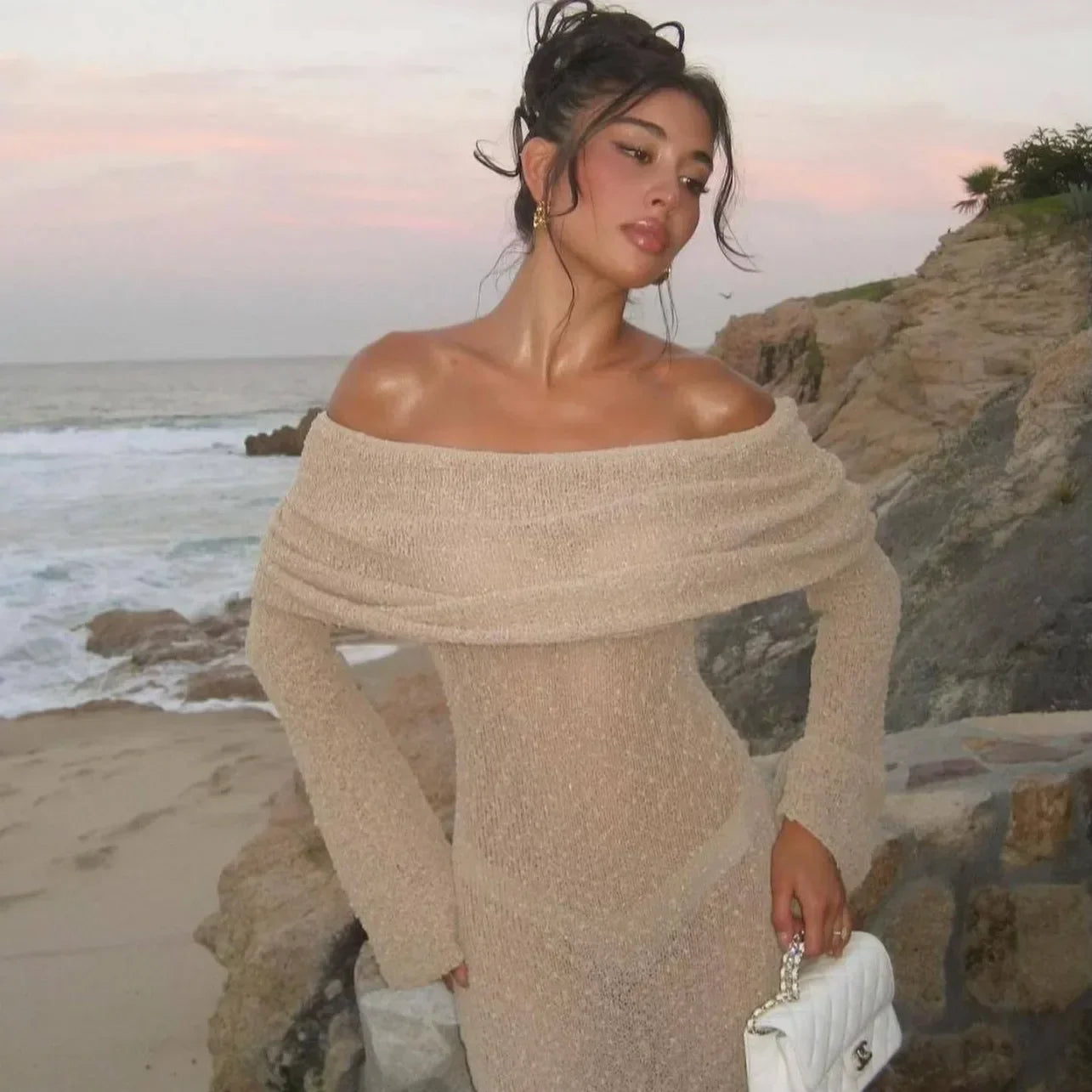 Hollow Knitted Off Shoulder Midi Dress