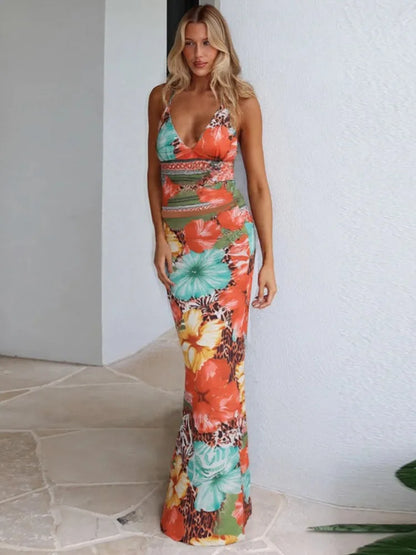 Leopard Print Lace-up Halter Crop Top Two Piece Vacation Dress