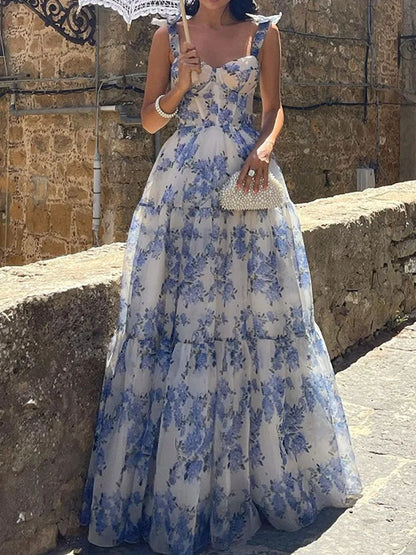 Backless Fit Flare Maxi Floral Dress