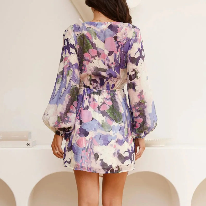 | Floral Wrap Mini Dress, Long Sleeve