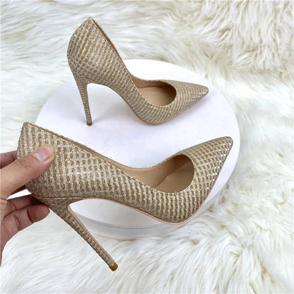 Gold Sequined Women Pointy Toe High Heels