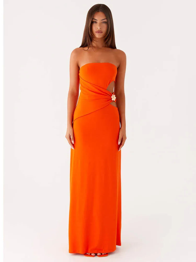 Hollow Metal Strapless Maxi Dress