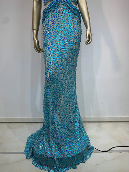 Halter Blue Sequins Sparkly Glitter Maxi Dress