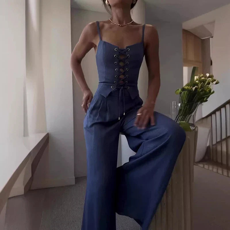 | Lace-Up Top Wide Leg Pants Set
