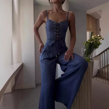 | Lace-Up Top Wide Leg Pants Set