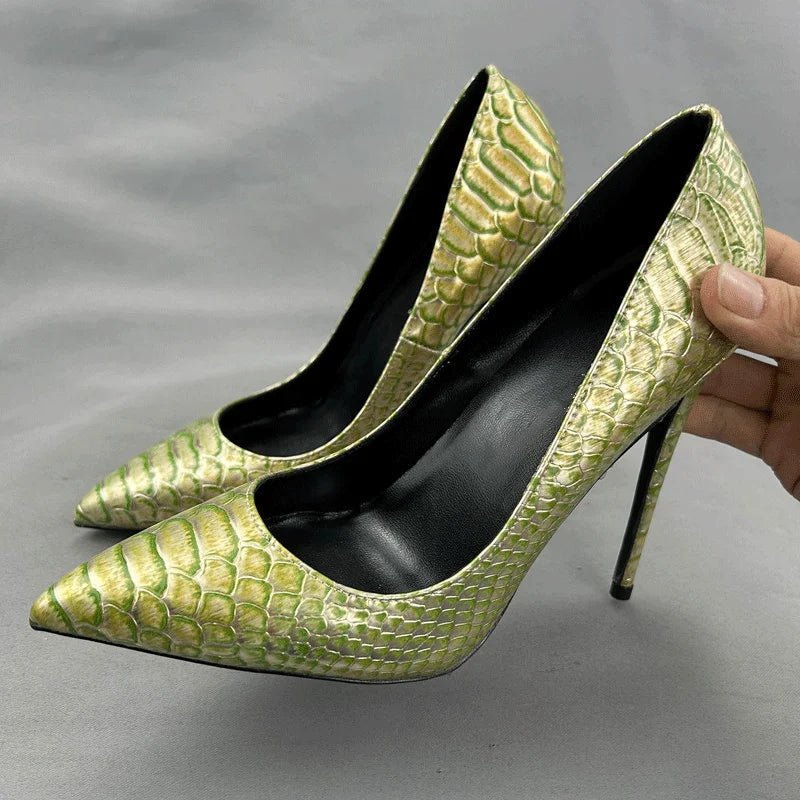 Green Gold Crocodile Effect Pointy Toe High Heel Shoes for Women