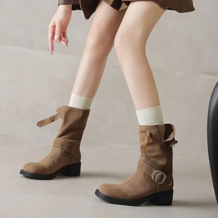| Suede Buckle Boots in Black
