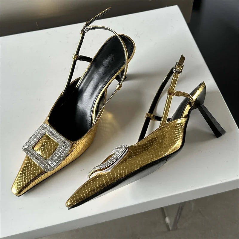 Spring Autumn Women Pumps Designer Pointed Toe Buckle Strap Thin Heels Gold Silver