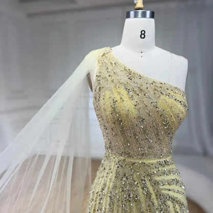 One-Shoulder Cape Sleeve Beaded Evening Dresses