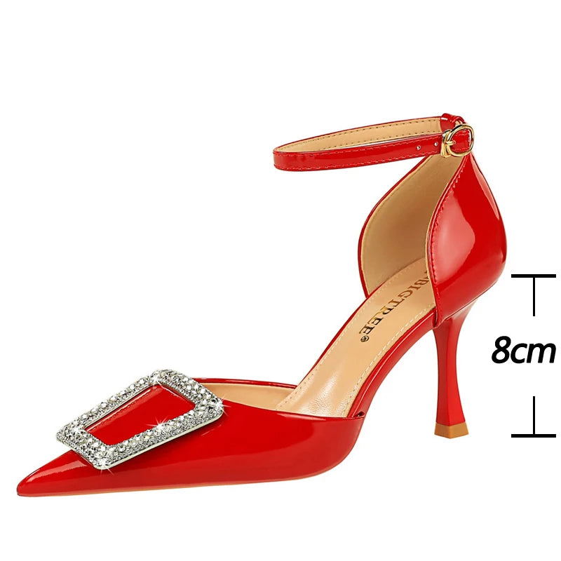 Rhinestone Women Pumps in Patent Leather with High Kitten Heels and Pointed Hollow Design