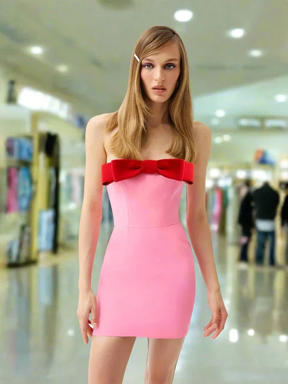 Off Shoulder Bow Design Pink Mini Dress