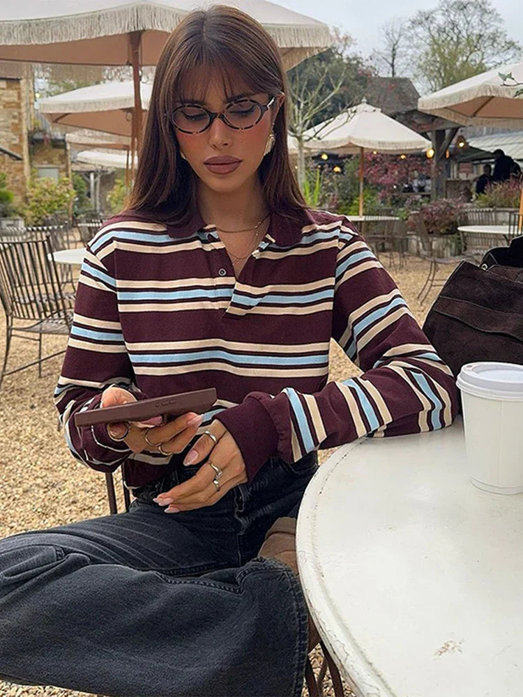 Fashion Stripe Women's T-shirt Casual Short Sleeve Female All Match Polo Shirts Summer New Ladies Loose Tops High Street