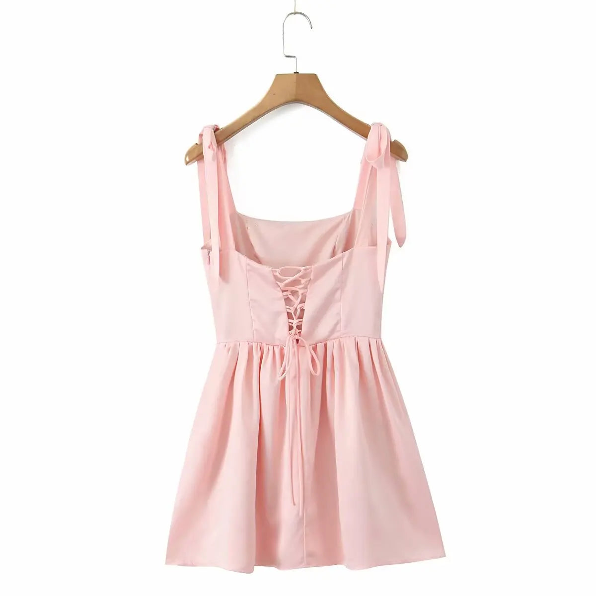 Tie Shoulder Lace Up Back Pleated Skater Mini Dress