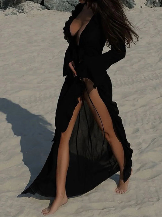 V-Neck Ruffled Chiffon Maxi Dress