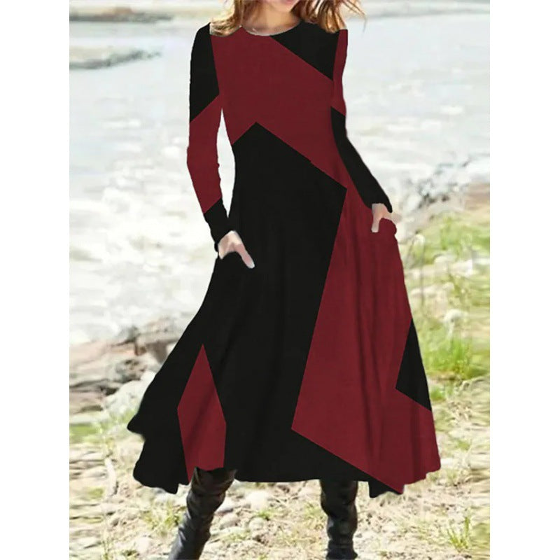 Geometric Patchwork Long Sleeve Pocket Flared A-Line Maxi Dress