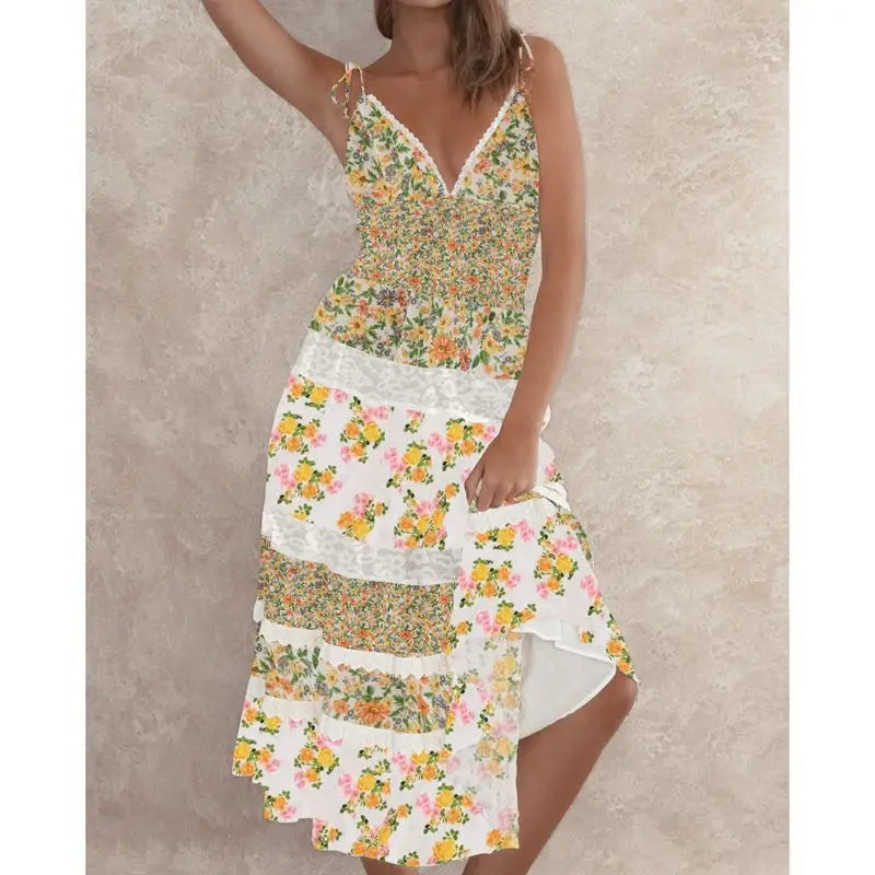 Lace Trim V-Neck Floral Vacation Dress