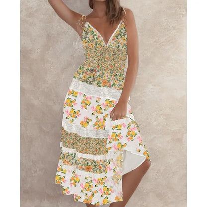 Lace Trim V-Neck Floral Vacation Dress
