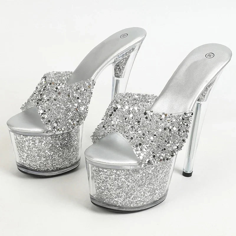 Shiny Sequin PVC Transparent Stiletto High Heels Slippers for Women