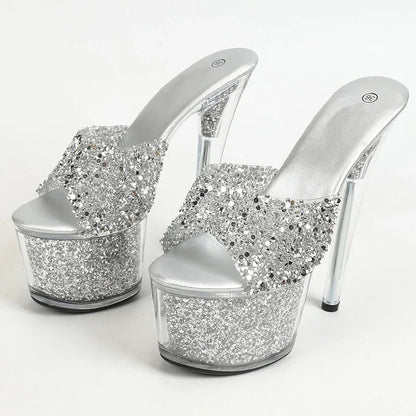Shiny Sequin PVC Transparent Stiletto High Heels Slippers for Women