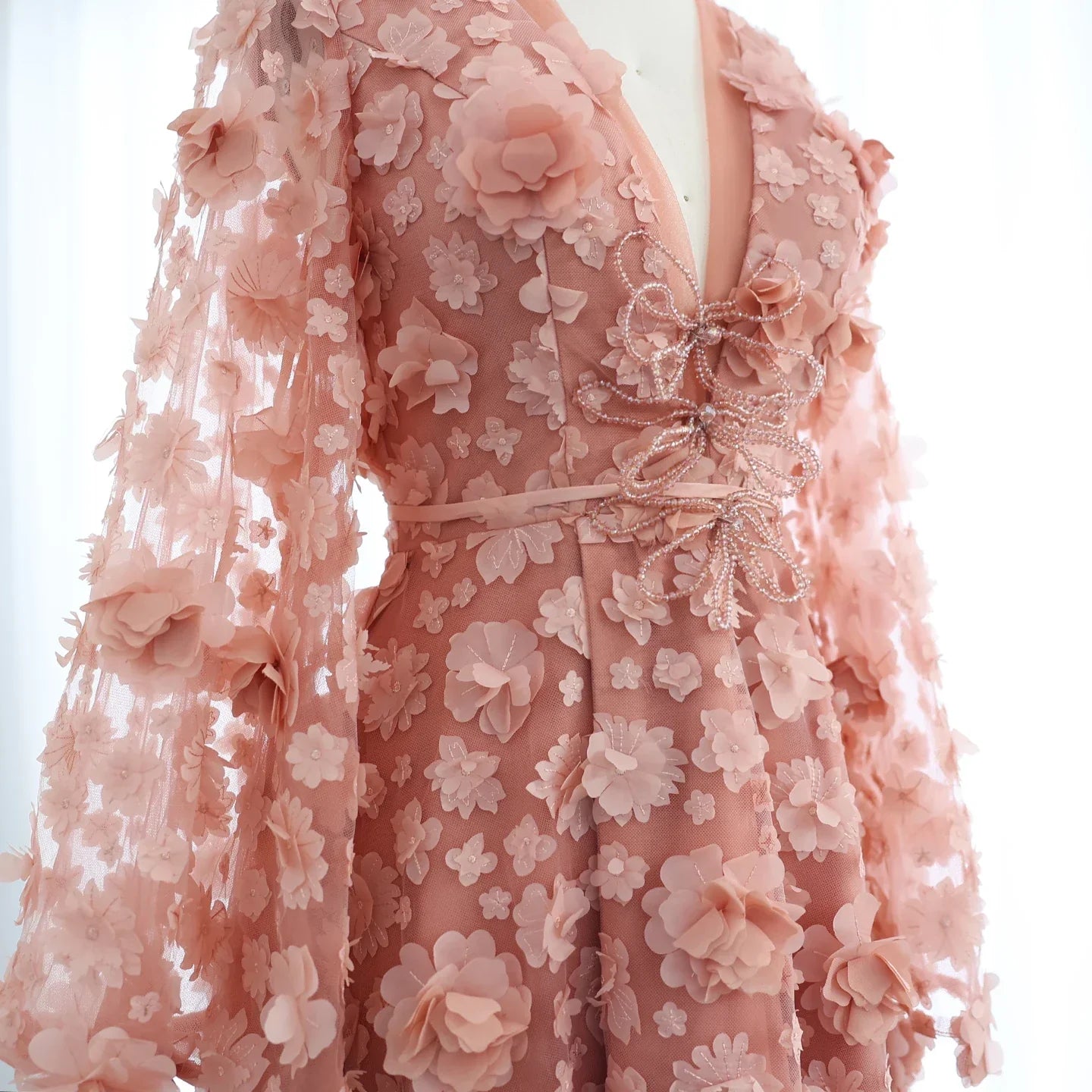 Peach-Pink 3D Flowers Bell Long Sleeves Prom Dress