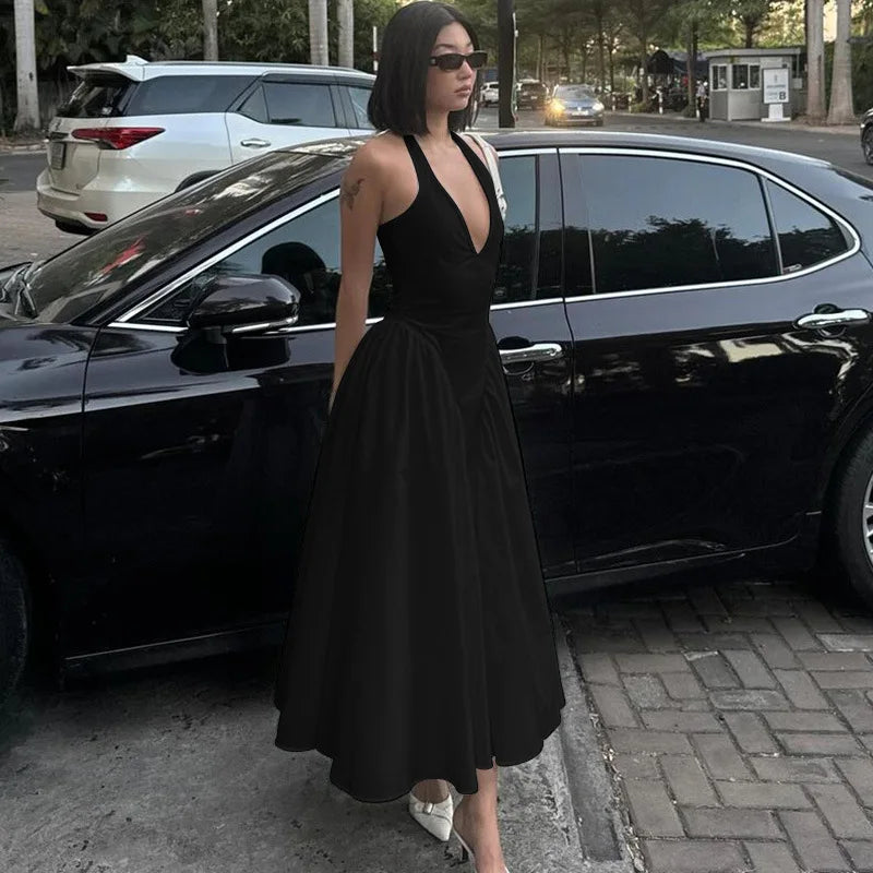 Deep V Backless Halterneck Maxi Dress