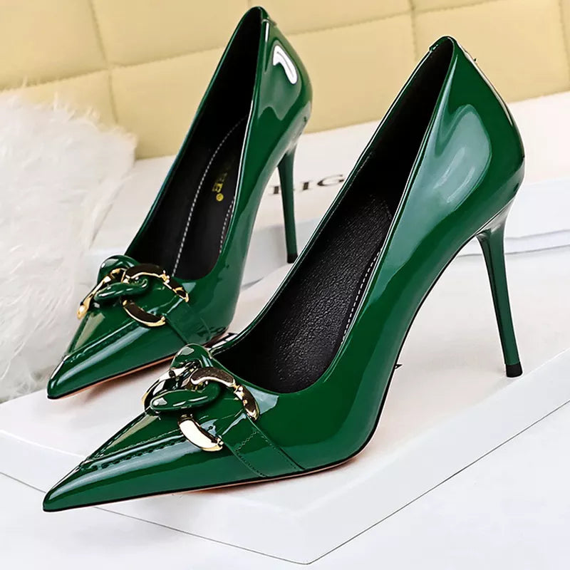 Metal Button Woman Pumps Patent Leather High Heels Sexy Party Shoes Stiletto Heels Luxurious
