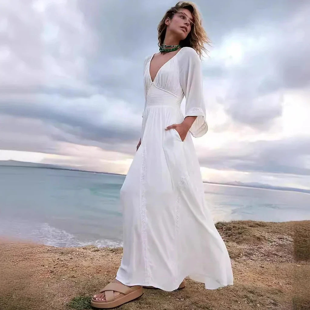 Deep V Neck Polyester Elastic Waist Boho Dress