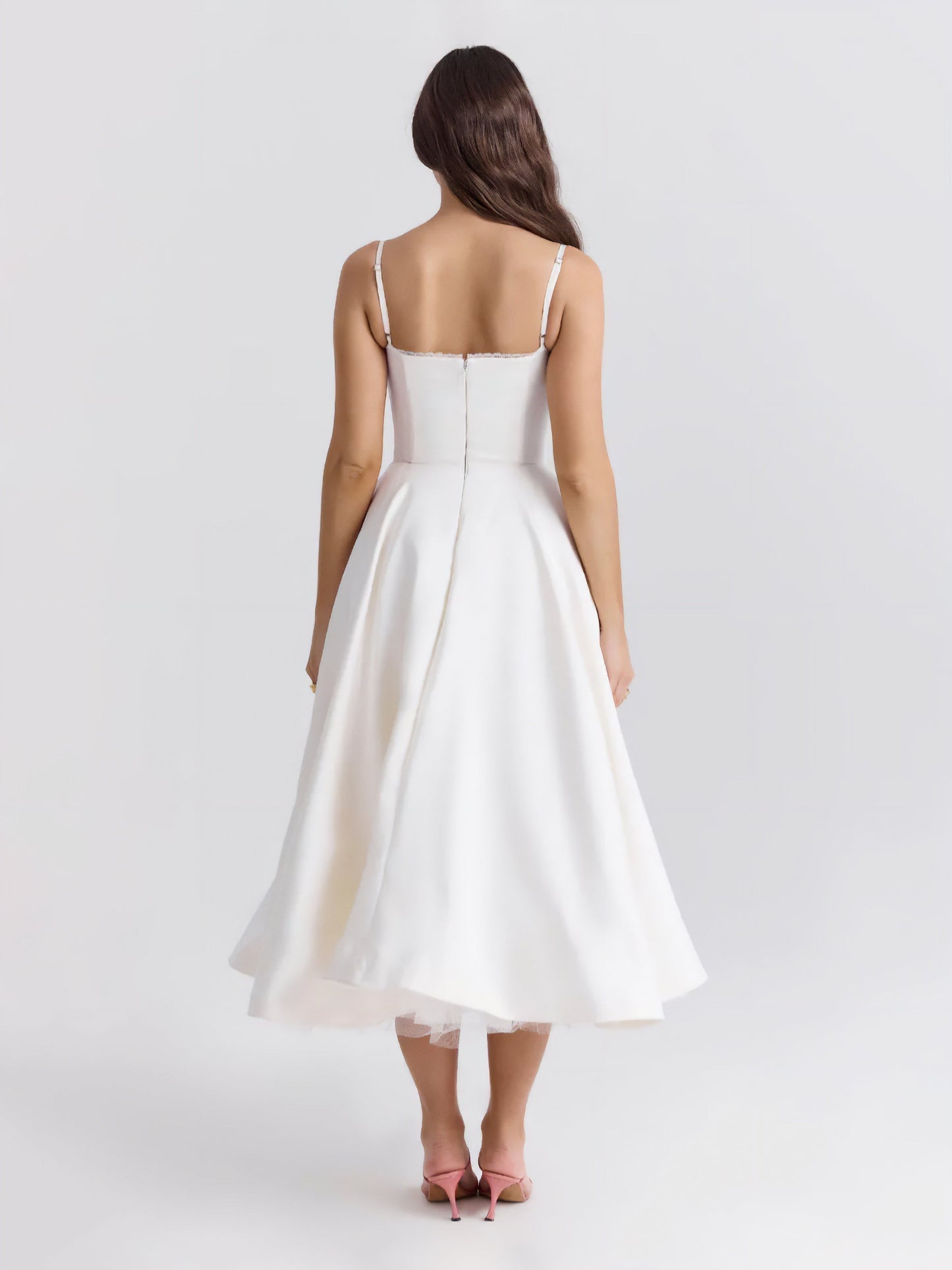 Bustier Spaghetti Strap Lace Trim Pleated Fit and Flare Midi Dress