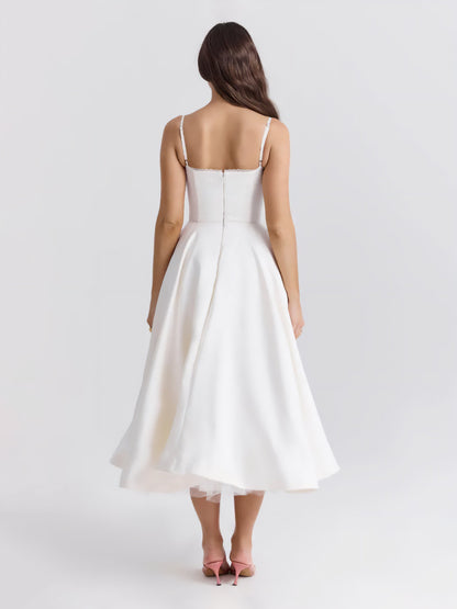 Sweetheart Bustier Spaghetti Strap Corset Tea Length Fit and Flare Midi Dress